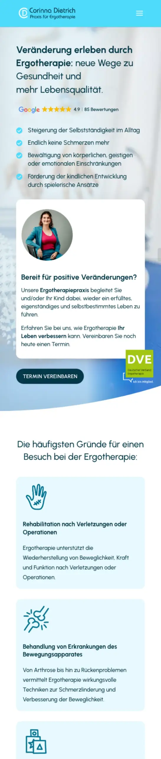 Website von Ergotherapiepraxis Corinna Dietrich, Berlin in der Mobilansicht