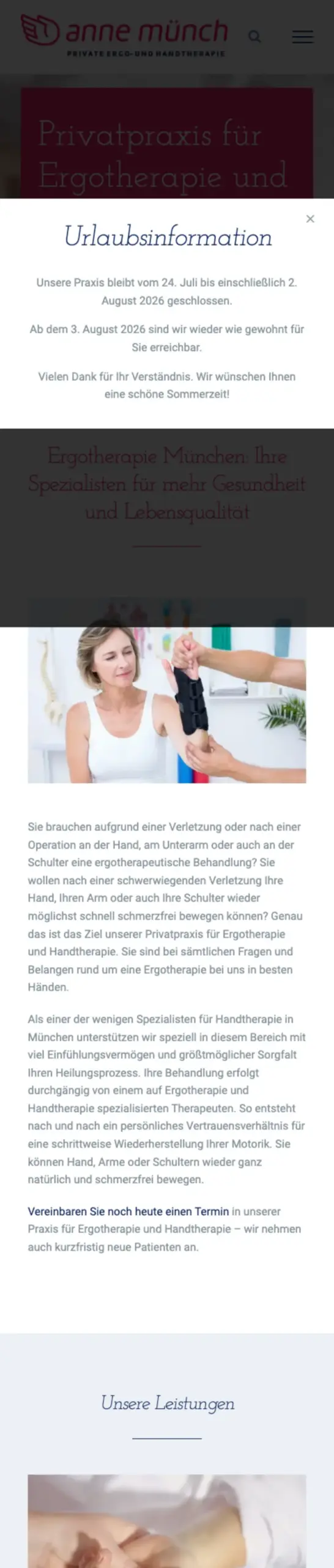 Website von Praxis für Ergotherapie und Handtherapie Anne Münch, München in der Mobilansicht