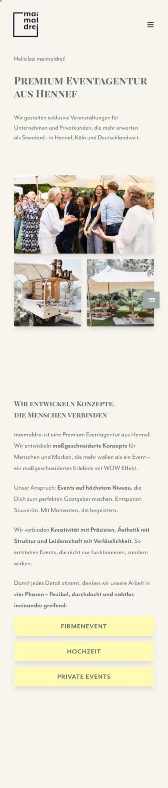 Website von maimaldrei GmbH, Rhein-Sieg-Kreis in der Mobilansicht