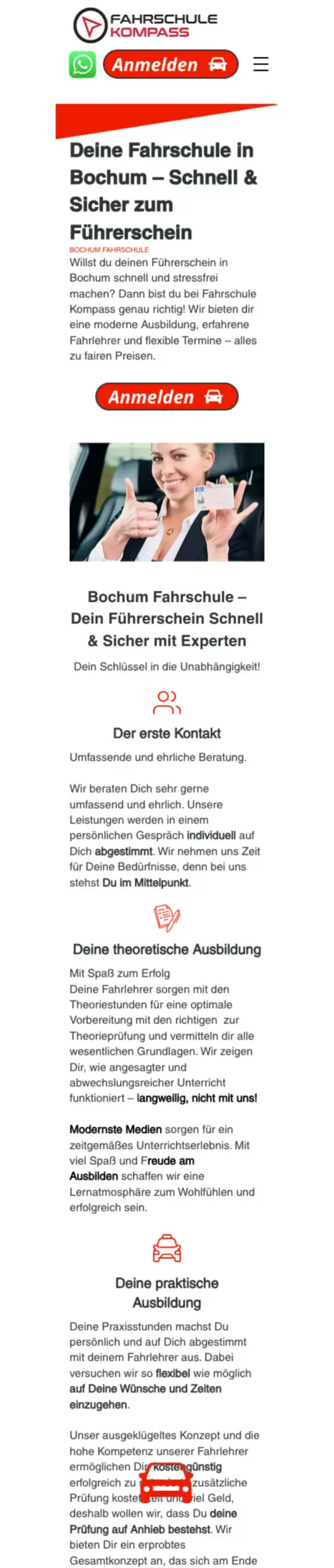 Website von Fahrschule Kompass, Bochum in der Mobilansicht