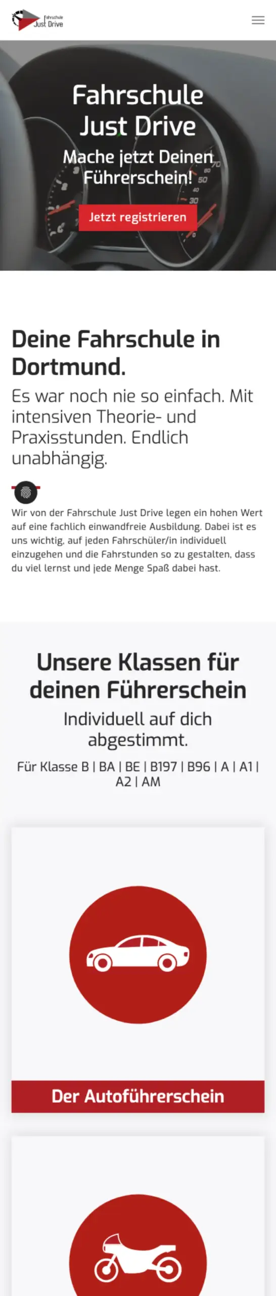 Website von Fahrschule Just Drive, Dortmund in der Mobilansicht