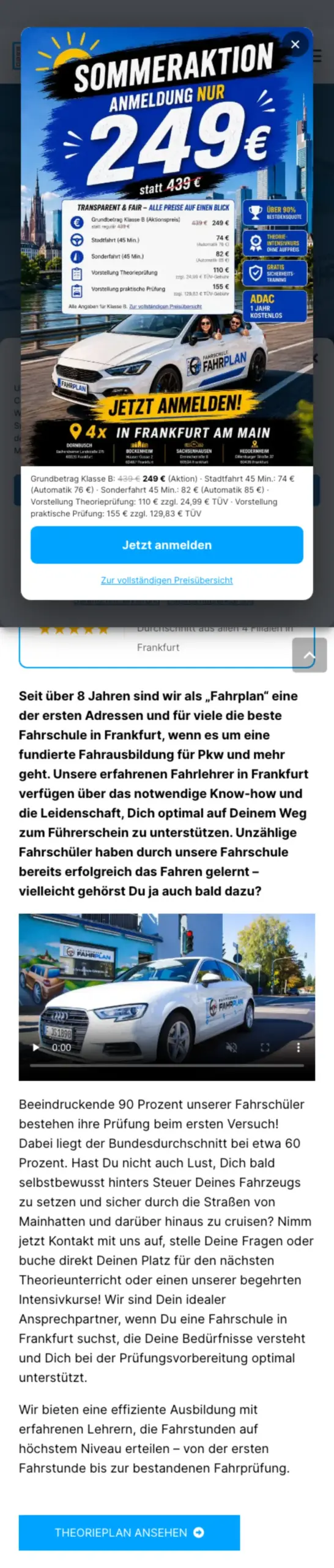Website von Fahrschule Fahrplan, Frankfurt am Main in der Mobilansicht