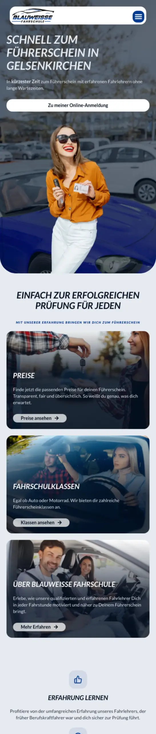 Website von Blaue Weisse Fahrschule UG, Gelsenkirchen in der Mobilansicht
