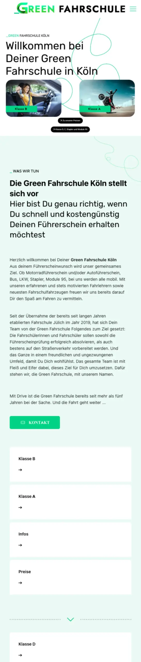 Website von Green Fahrschule, Köln in der Mobilansicht