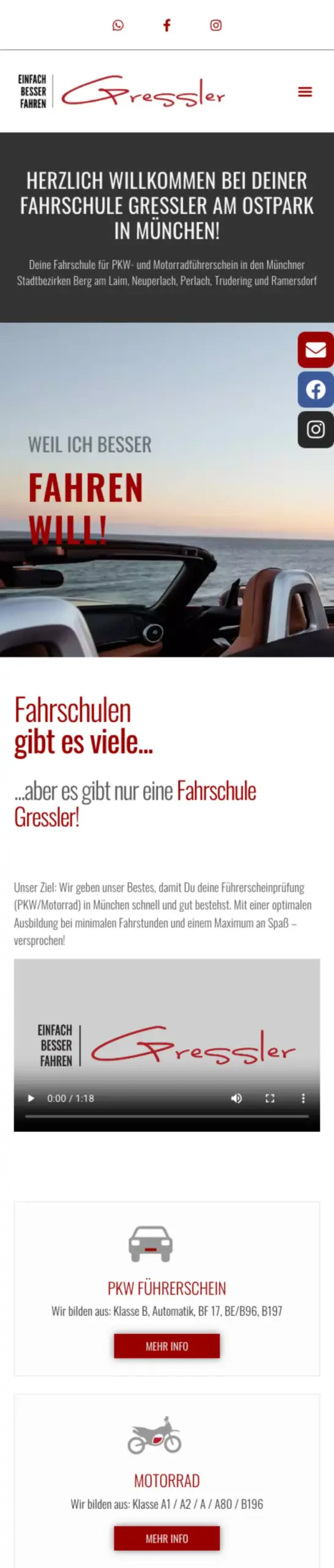 Website von Fahrschule Gressler, München in der Mobilansicht
