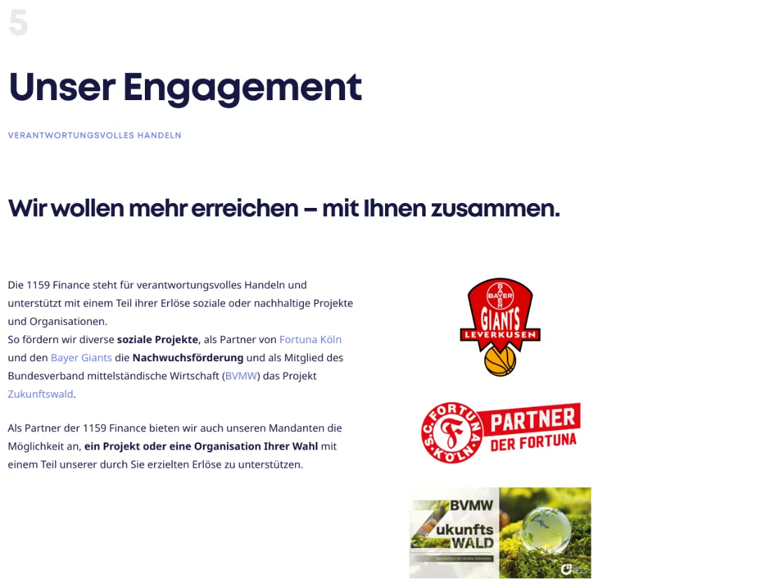 Ausschnitt der Website von 1159 Finance GmbH, Leverkusen: Drei Logos benennen konkrete Partner — wer sucht, sieht, wohin ein Teil der Erlöse für Projekte fließt.