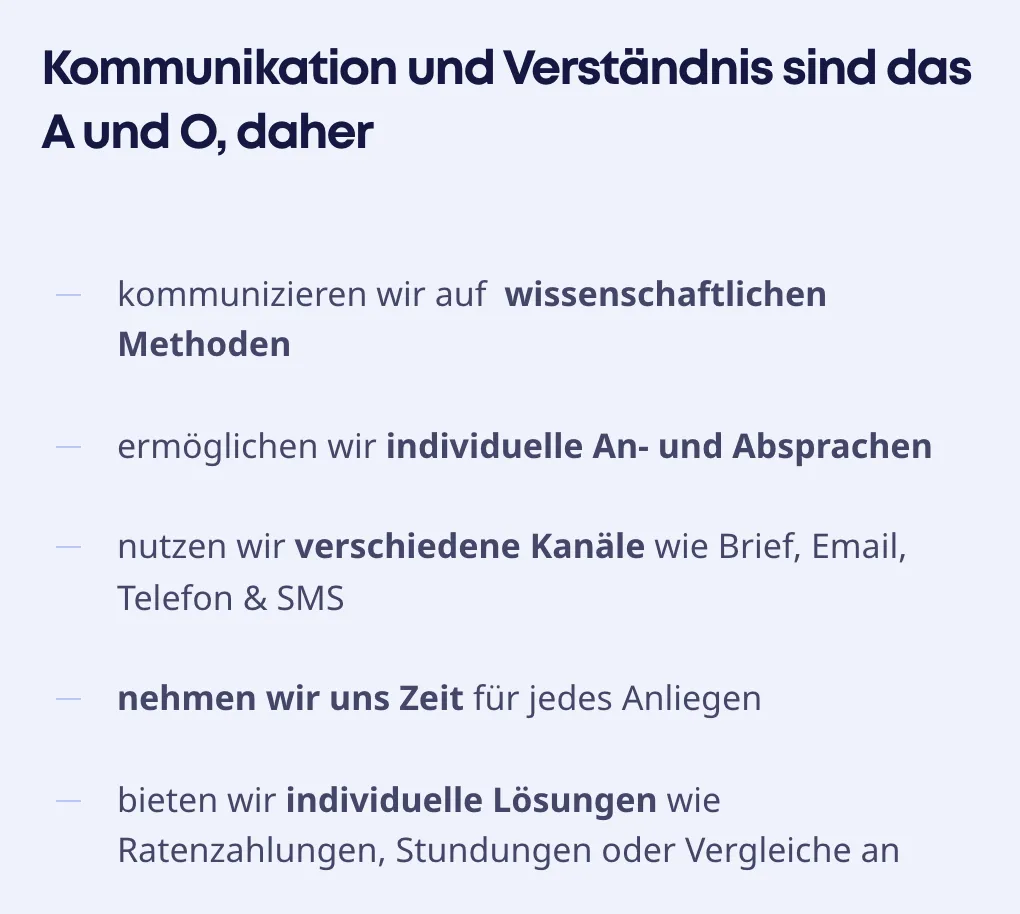 Ausschnitt der Website von 1159 Finance GmbH, Leverkusen: Fünf Zusagen mit Beispielen als Liste — der Besucher weiß vorab, welche Kanäle und Zahlungsoptionen angeboten werden.