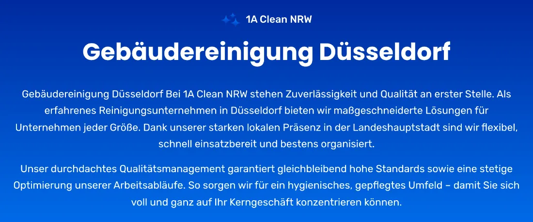 Ausschnitt der Website von 1A Clean NRW, Neuss: Ortsangabe im fetten Titel plus zwei Absätze zur Vorgehensweise — wer sucht, erkennt sofort Angebot, Einsatzgebiet und Ablauf.
