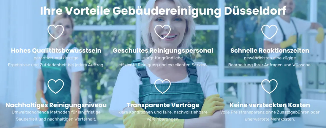 Ausschnitt der Website von 1A Clean NRW, Neuss: Sechs klar benannte Vorteile mit je einer Begründung — der Besucher erfasst in 10 Sekunden Schwerpunkte und Bedingungen.