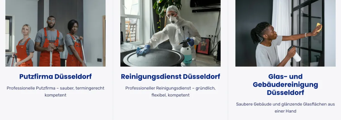 Ausschnitt der Website von 1A Clean NRW, Neuss: Drei Kacheln mit klaren Titeln und Kurzzeilen je Bereich — der Besucher findet schneller zum passenden Service in Düsseldorf.