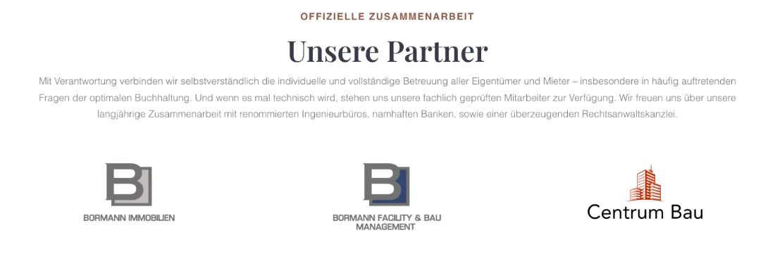 Ausschnitt der Website von A. C. Behrendt Hausverwaltungen GmbH, Berlin: Drei namentlich genannte Partner mit Logos — wer sucht, erkennt schnell das Netzwerk und prüft, welche Leistungen abgedeckt sind.
