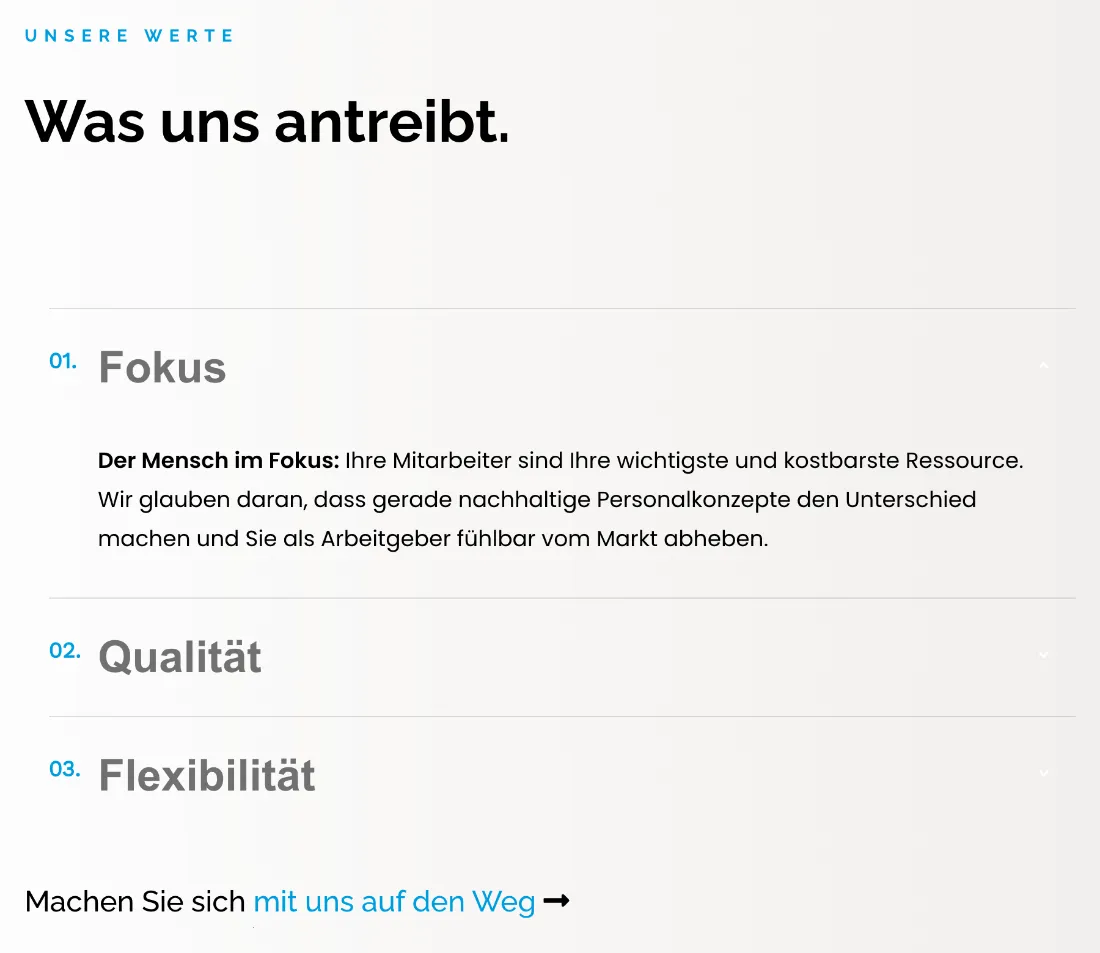 Ausschnitt der Website von A2 Consult GmbH, Essen: Drei klar nummerierte Werte mit kurzer Erläuterung — wer sucht, erkennt Prioritäten sofort und scannt den Inhalt schnell.