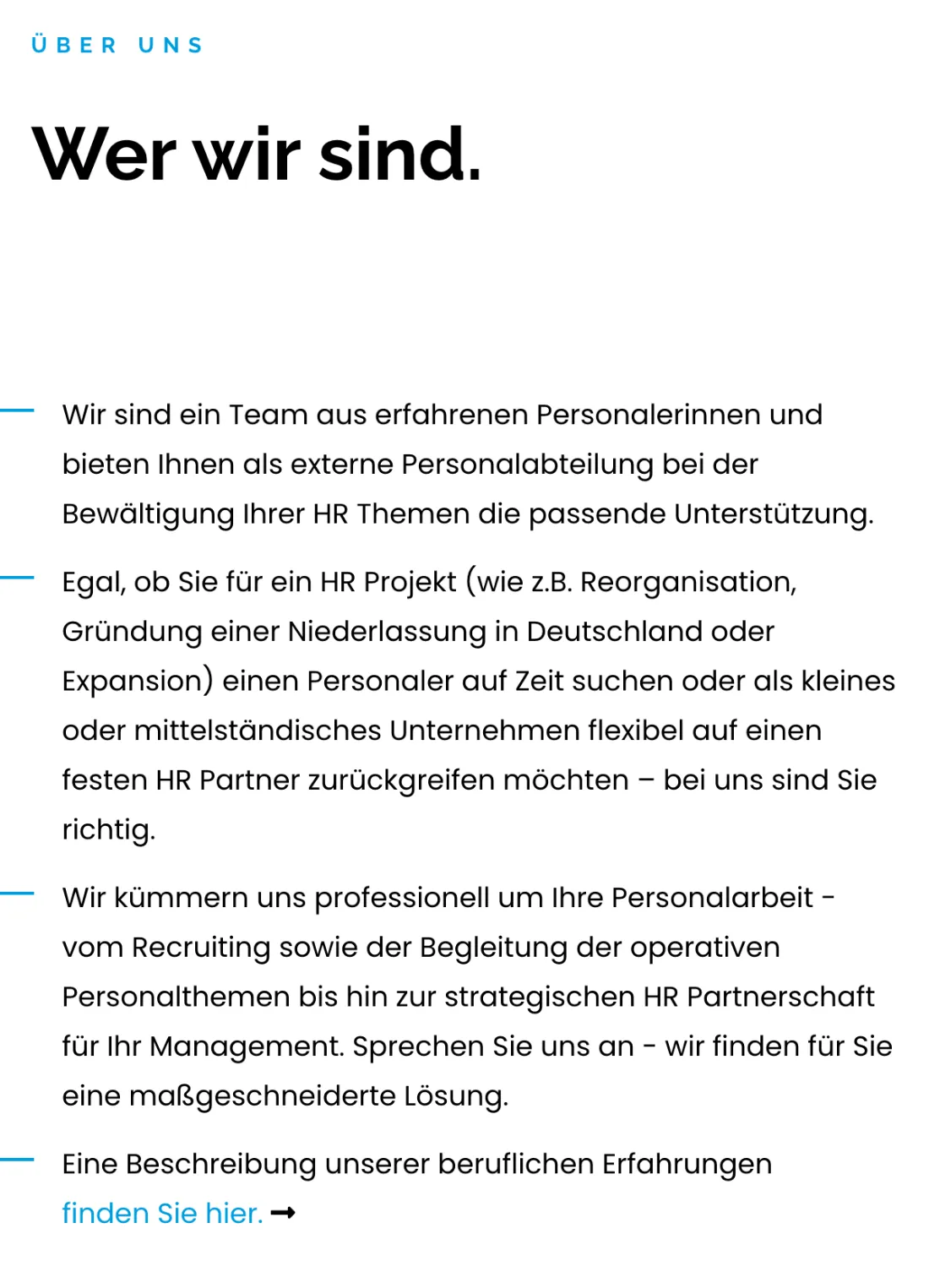 Ausschnitt der Website von A2 Consult GmbH, Essen: Vier kurze Absätze nennen Zielgruppen, Beispiele und Umfang — so prüft der Besucher schnell, ob das Angebot zum Bedarf passt.