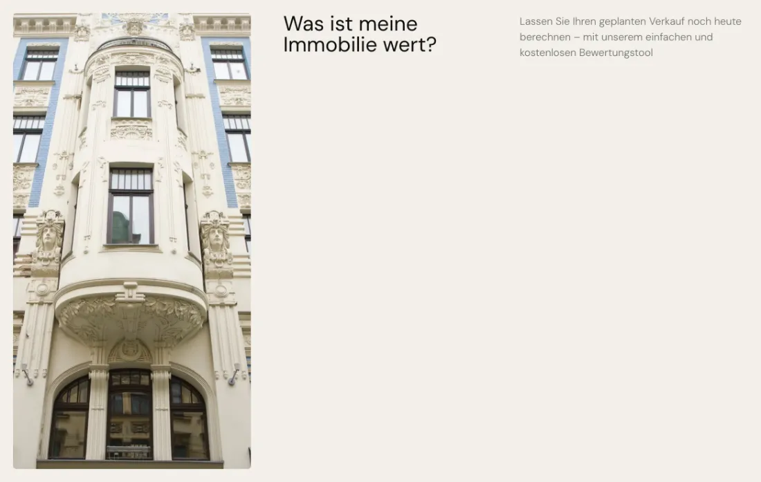 Ausschnitt der Website von accept-immobilien GmbH, Leipzig: Prägnante Frage als Überschrift und Hinweis aufs kostenlose Bewertungstool — wer verkaufen will, sieht sofort den nächsten Schritt.