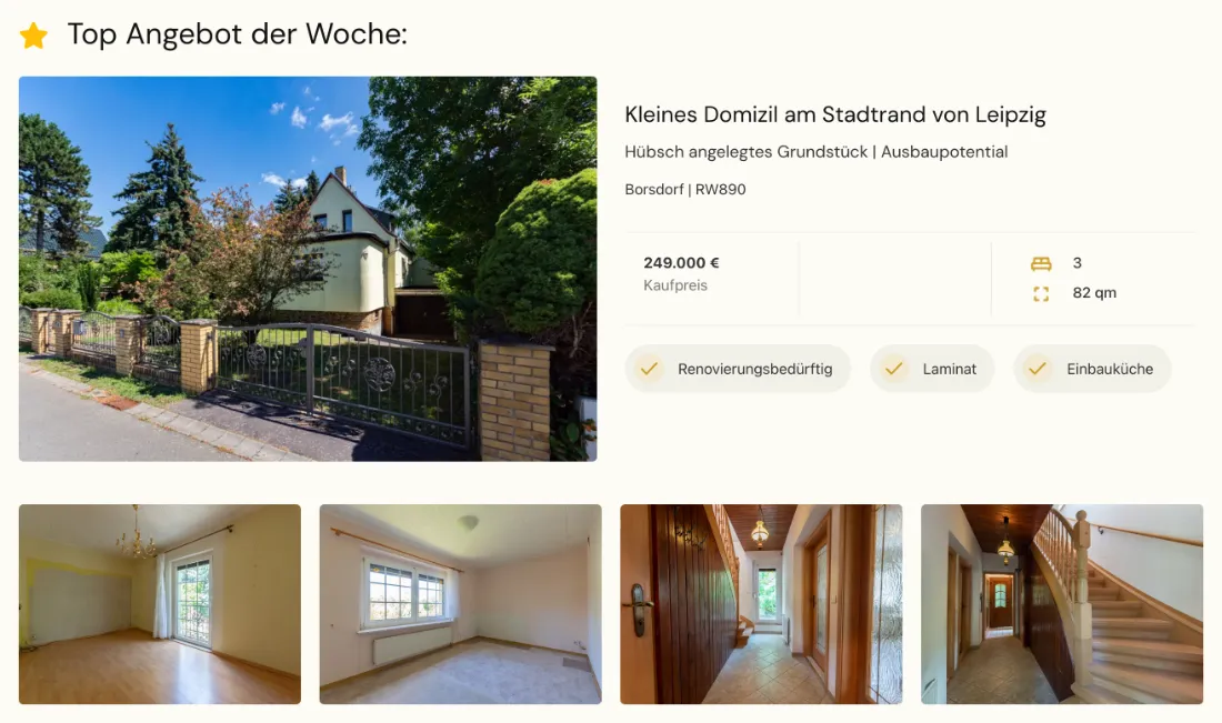 Ausschnitt der Website von accept-immobilien GmbH, Leipzig: Preis (249.000 €), 82 qm und 3 Zimmer stehen auf einen Blick — Kerndaten ohne Klick, so lässt sich das Angebot sofort einordnen.