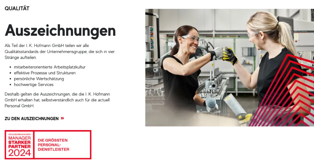 Ausschnitt der Website von actuell Personal GmbH, Bonn: Vier Qualitätsstränge und Awards 2024 klar benannt — wer prüft, versteht sofort, welche Standards die Auszeichnungen belegen.