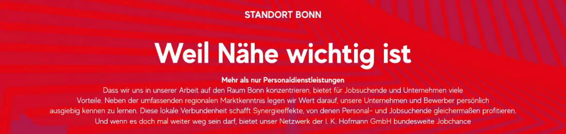Ausschnitt der Website von actuell Personal GmbH, Bonn: Standort Bonn als klare Überschrift mit Begründung der Regionalität — wer lokal sucht, erkennt Vorteile und das bundesweite Netzwerk.
