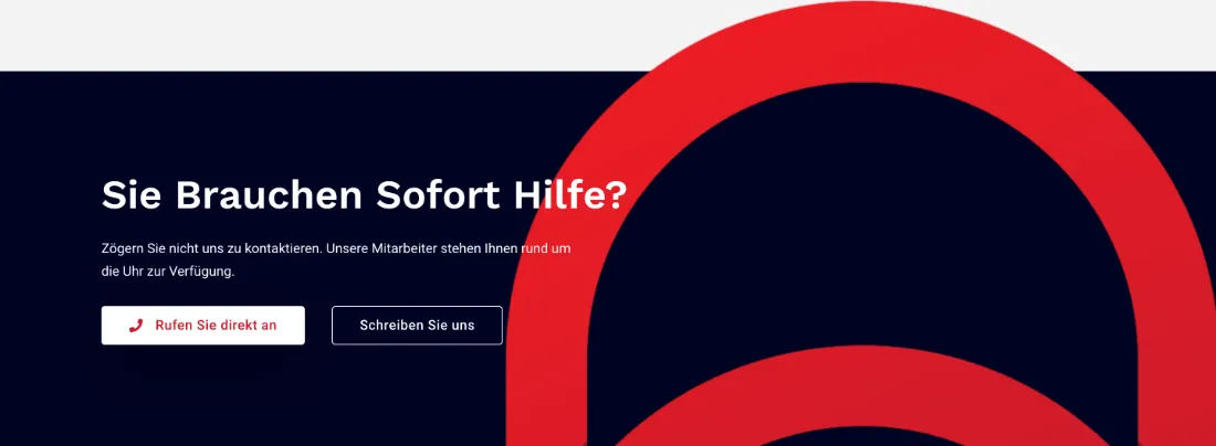 Ausschnitt der Website von Adler-Schlüsseldienst, Berlin: 24/7-Hinweis mit zwei klaren Buttons für Anruf oder Nachricht — wer Hilfe sucht, erkennt sofort den nächsten Schritt.