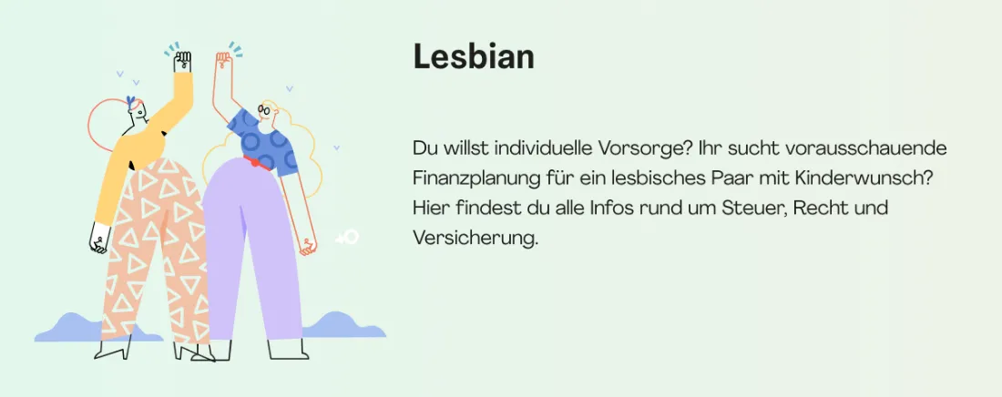 Ausschnitt der Website von Adviris GmbH & Co. KG, Aschaffenburg: Eigener Themenblock für lesbische Paare — wer Familienplanung plant, findet Steuer-, Rechts- und Versicherungsinfos an einem Ort.