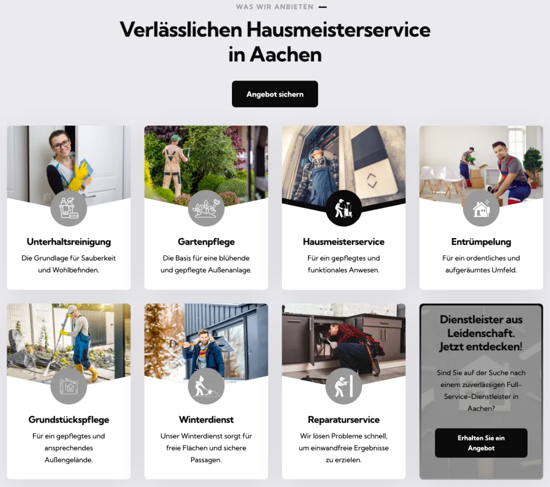 Ausschnitt der Website von AG Gebäudemanagement | Hausmeisterservice Aachen, Aachen: 8 Kacheln mit Titel, Icon und je einem Satz — wer sucht, erfasst das Angebot in Sekunden und findet per CTA sofort den Einstieg.