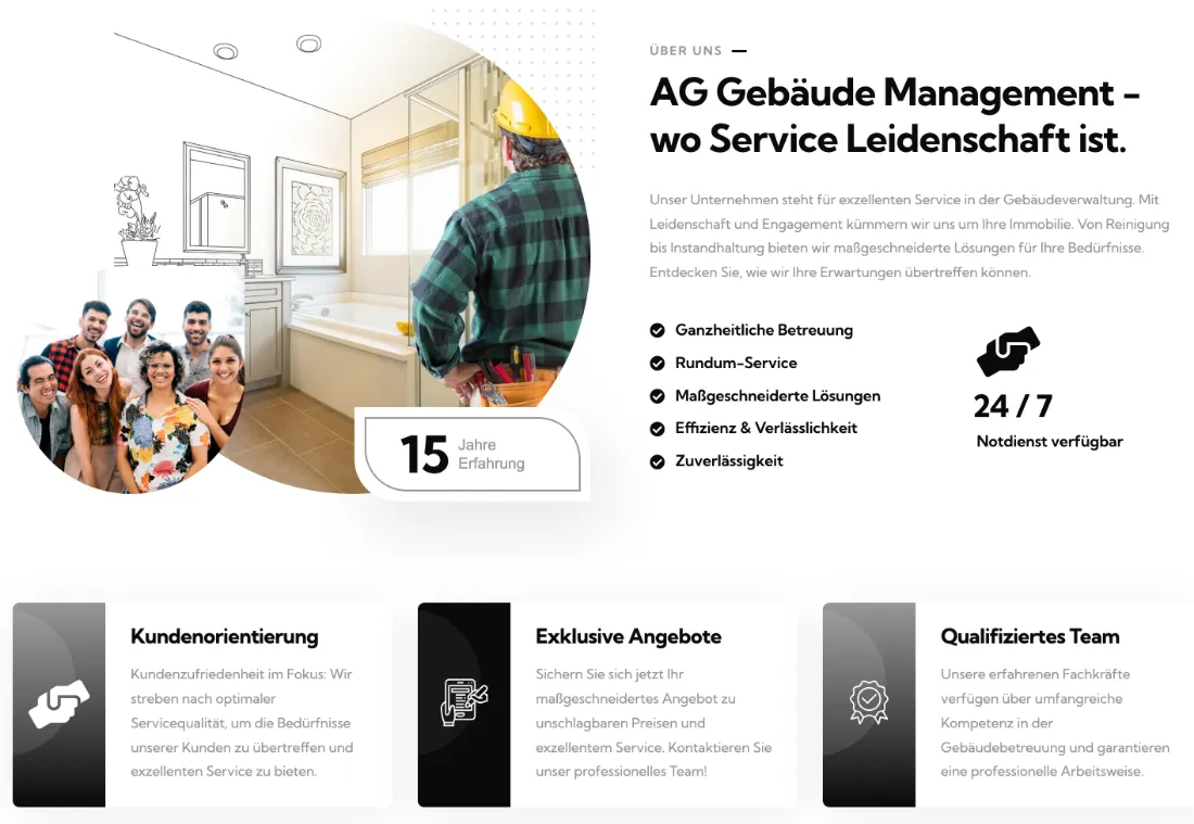 Ausschnitt der Website von AG Gebäudemanagement | Hausmeisterservice Aachen, Aachen: Konkrete Zahlen wie 15 Jahre und 24/7-Notdienst neben Stichpunkten — wer vergleicht, erkennt Stärken schnell und ohne Umwege.