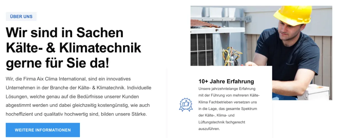 Ausschnitt der Website von Aix Clima International, Städteregion Aachen: Die Zahl '10+ Jahre Erfahrung' steht prominent — wer sucht, erkennt belegte Praxis sofort und spart Zeit beim Vergleichen.