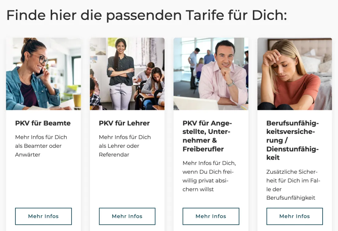 Ausschnitt der Website von Alexander Kuhlen – Versicherungsmakler, Köln: Vier Kacheln nach Zielgruppen mit klaren Überschriften und 'Mehr Infos' — wer sucht, landet in einem Klick im passenden Bereich.