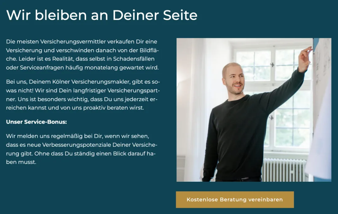 Ausschnitt der Website von Alexander Kuhlen – Versicherungsmakler, Köln: Konkretes Service‑Versprechen mit hervorgehobener Bonusbox und klarem CTA — der Besucher erkennt Betreuung auch nach dem Abschluss.