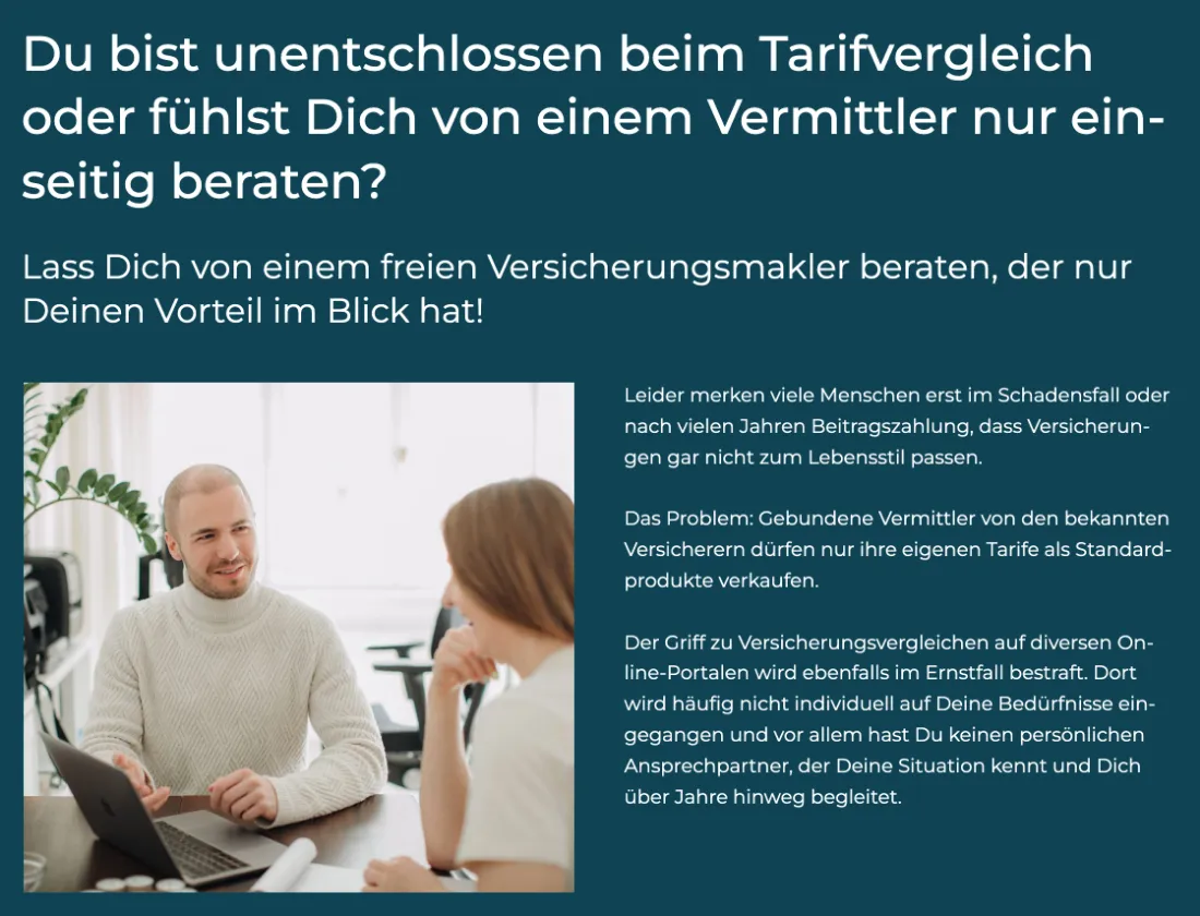 Ausschnitt der Website von Alexander Kuhlen – Versicherungsmakler, Köln: Klar formulierte Problemfrage plus Erklärung der Nachteile gebundener Anbieter — wer unsicher ist, versteht den Nutzen eines freien Maklers.