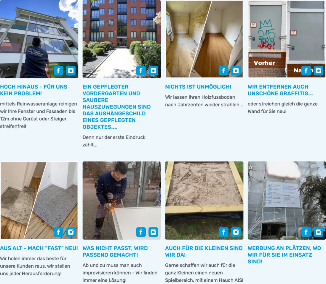 Ausschnitt der Website von Alster Immobilienservices AIS GmbH, Hamburg: 8 Bildkacheln mit Details wie „bis 12 m“ und Vorher/Nachher-Belegen — der Besucher muss nichts erraten und sieht Bandbreite sofort.