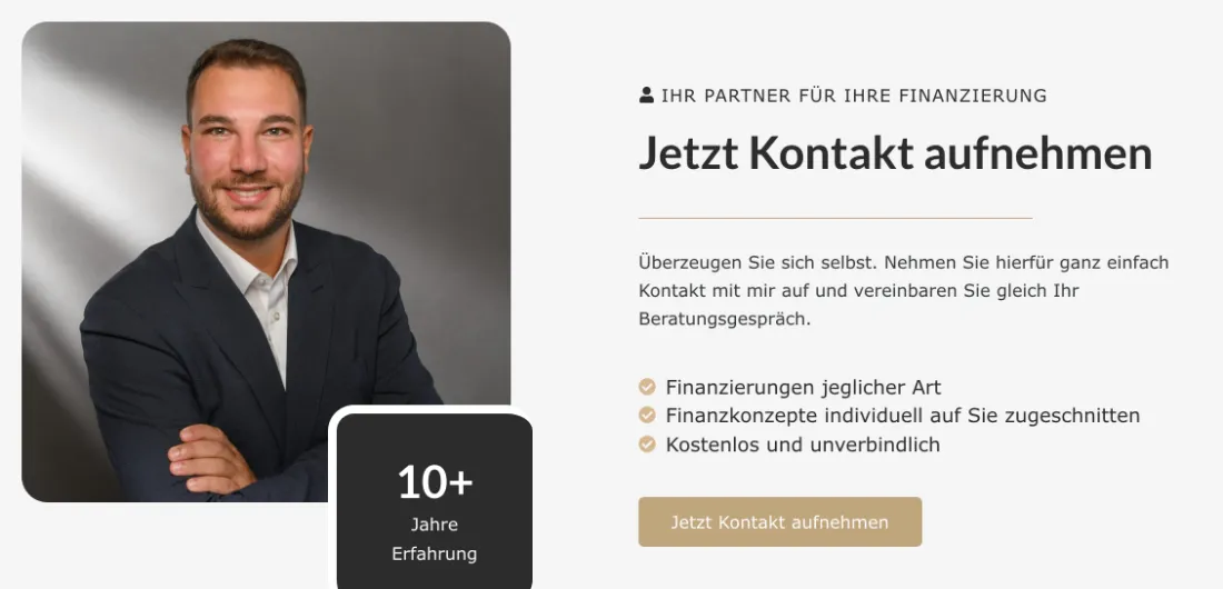 Ausschnitt der Website von ANCONA Finanzkonzepte, Landkreis Ludwigsburg: 10+ Jahre Erfahrung als klarer Vertrauensanker, daneben der Kontaktbutton — wer sucht, erkennt den nächsten Schritt sofort.