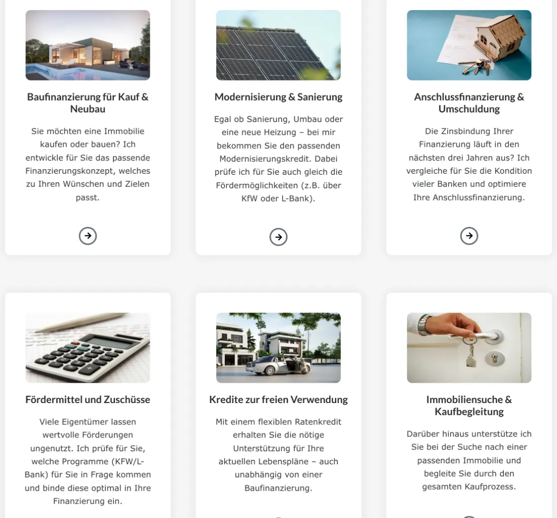 Ausschnitt der Website von ANCONA Finanzkonzepte, Landkreis Ludwigsburg: Sechs klar betitelte Kacheln mit Kurztexten — wer sucht, findet den passenden Einstieg ohne Menüsuche.