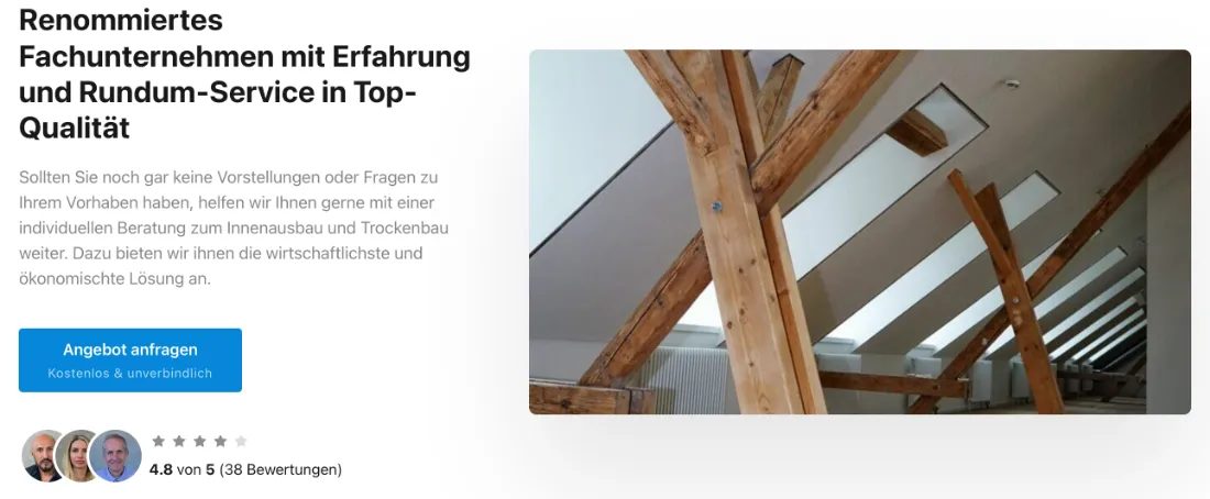 Ausschnitt der Website von APlus Innenausbau, München: 4,8 von 5 aus 38 Bewertungen direkt unter dem Button — wer sucht, erkennt auf einen Blick belastbare Zufriedenheit.