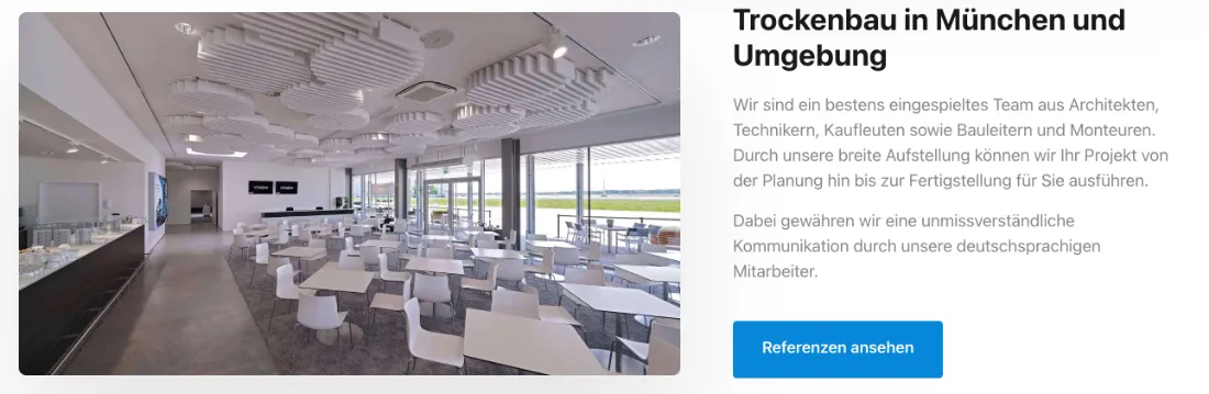 Ausschnitt der Website von APlus Innenausbau, München: Der Button „Referenzen ansehen“ führt zu Belegen — wer sucht, prüft echte Projekte statt nur Textversprechen.