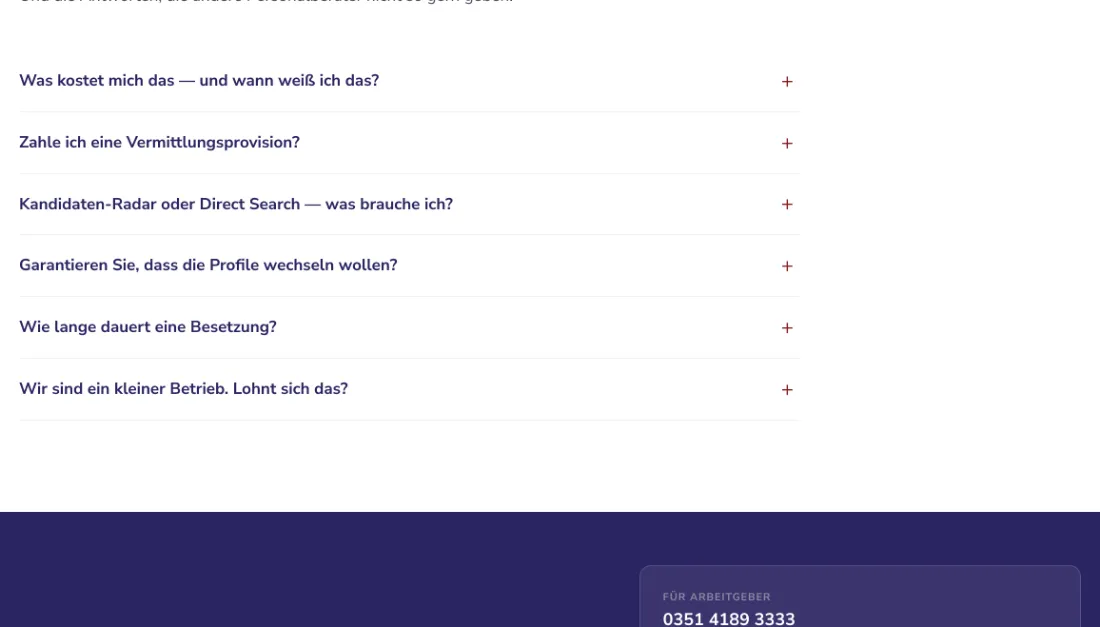 Ausschnitt der Website von APRIVA GmbH, Dresden: Sechs konkrete FAQs zu Kosten, Provision, Suchweg und Dauer — der Besucher klärt Kernfragen, bevor ein Anruf überhaupt nötig wird.