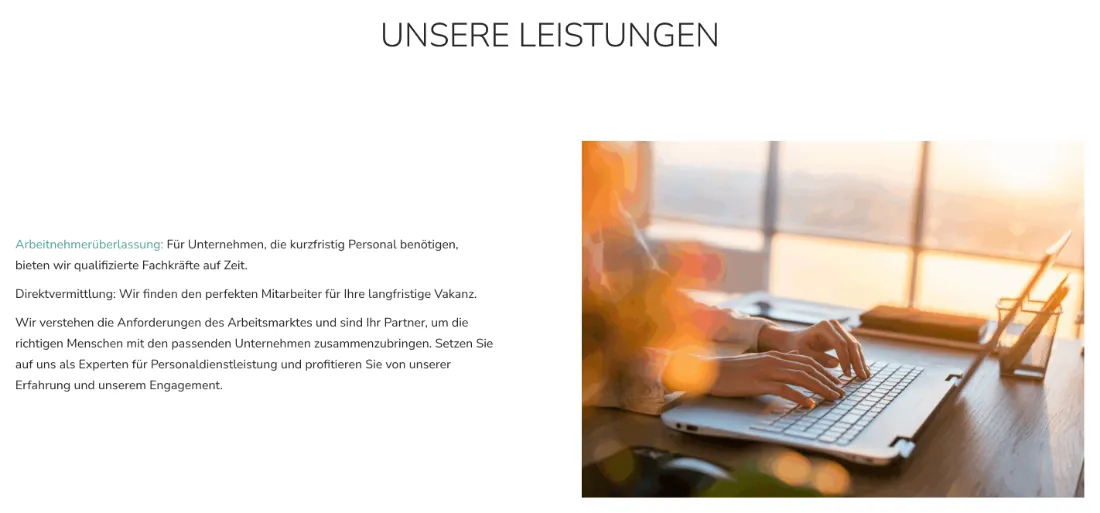 Ausschnitt der Website von Arbeits-Express Management GmbH, Hamburg: Zwei Kernleistungen klar benannt — wer sucht, erkennt sofort, ob Arbeitnehmerüberlassung oder Direktvermittlung die Lösung ist.