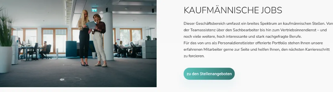 Ausschnitt der Website von Arbeits-Express Management GmbH, Hamburg: Ein deutlicher Bereichstitel und ein Button 'zu den Stellenangeboten' — wer stöbert, landet ohne Umwege bei kaufmännischen Jobs.