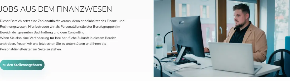 Ausschnitt der Website von Arbeits-Express Management GmbH, Hamburg: Beispiele wie Buchhaltung und Controlling nennen das Profil konkret — der Besucher prüft in Sekunden, ob Finanzjobs passen.