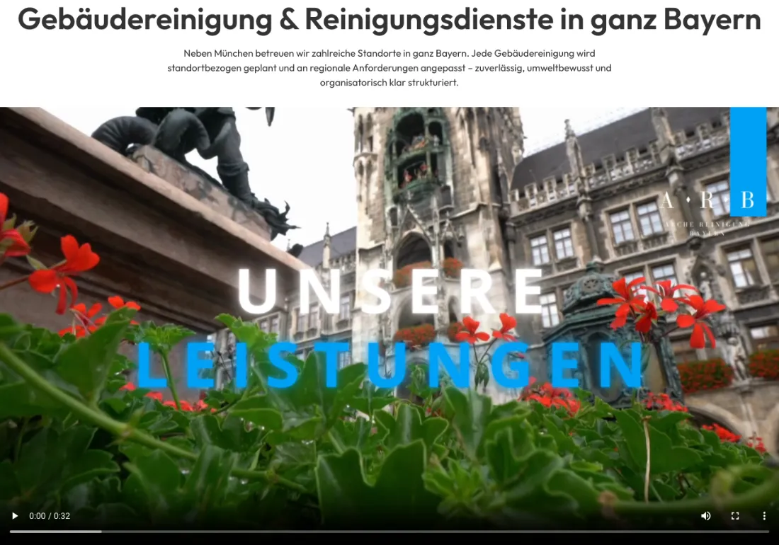 Ausschnitt der Website von Arche Service UG, München: Überschrift nennt Branche und Einsatzgebiet 'ganz Bayern' — wer sucht, erkennt sofort, ob der Anbieter regional passt.