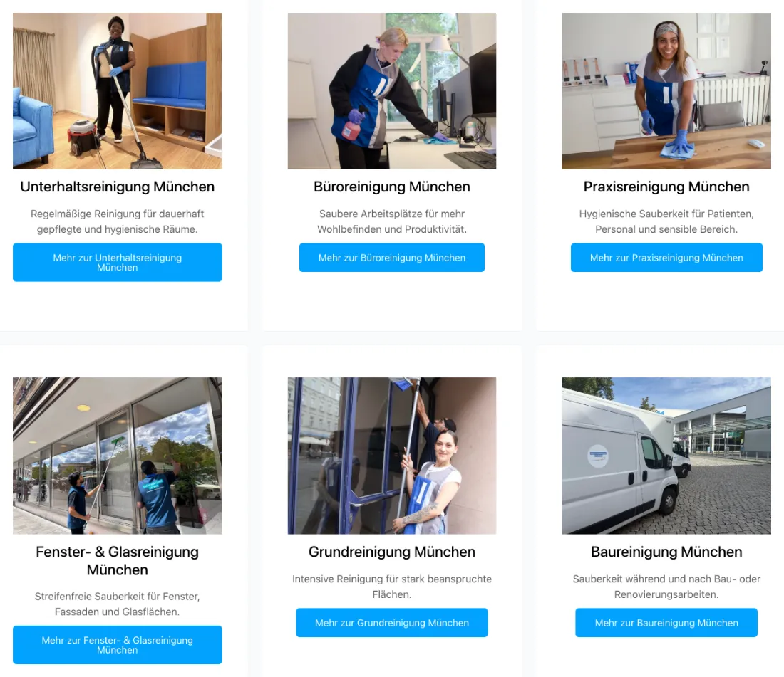 Ausschnitt der Website von Arche Service UG, München: Sechs Kacheln mit klaren Leistungsnamen und Ort 'München' plus Buttons — der Besucher findet den passenden Service in einem Klick.