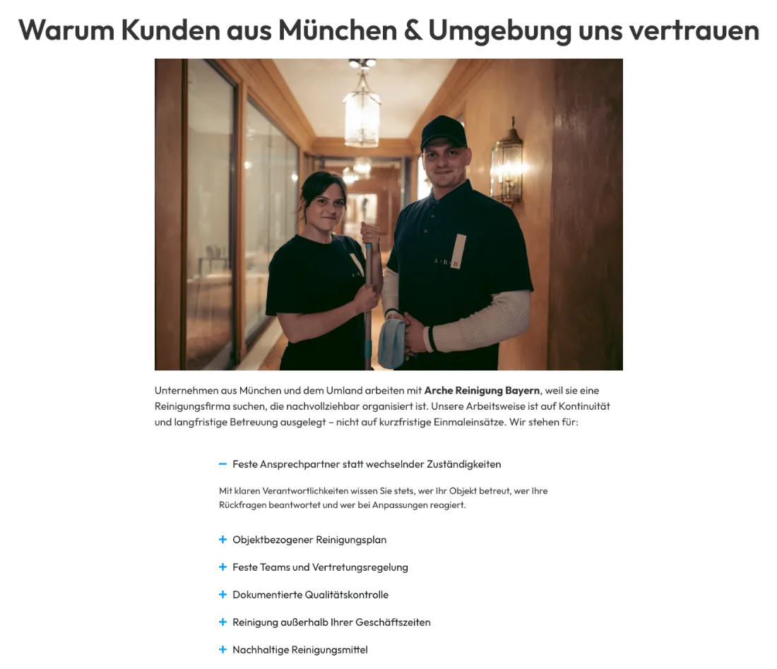 Ausschnitt der Website von Arche Service UG, München: Überschrift beantwortet das Warum, darunter 6 konkrete Punkte — der Besucher versteht auf einen Blick, wofür der Betrieb steht.