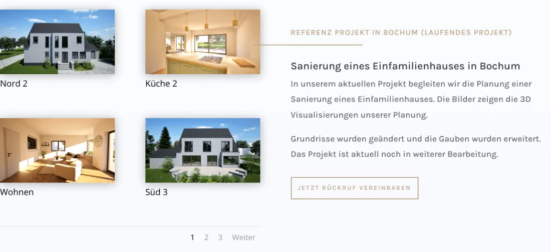 Ausschnitt der Website von Architektur Alena GmbH, Dortmund: Ort, Aufgabe und Status stehen klar daneben, dazu vier benannte 3D‑Ansichten — wer sucht, erkennt schnell Umfang und Stand.