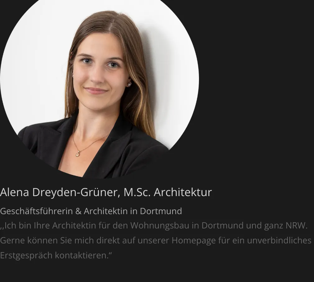 Ausschnitt der Website von Architektur Alena GmbH, Dortmund: Porträt mit vollem Namen, M.Sc. und Funktion — wer vergleicht, prüft Qualifikation und Zuständigkeit ohne Umwege.