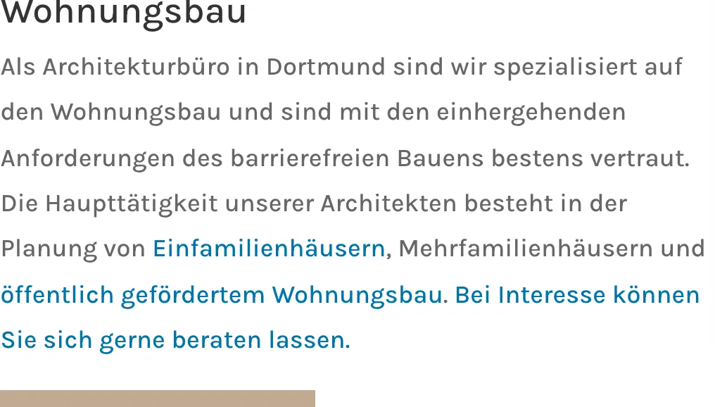 Ausschnitt der Website von Architektur Alena GmbH, Dortmund: Schwerpunkt wird präzise benannt, dazu drei Felder und Barrierefreiheit — wer filtert, sieht sofort, ob die Leistung passt.