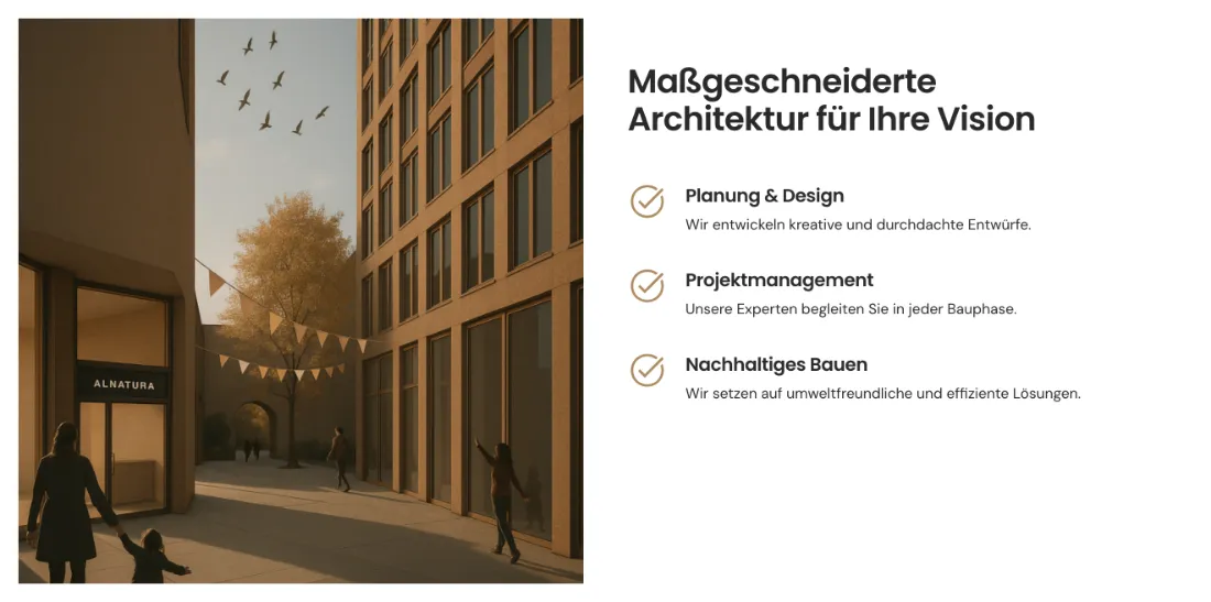 Ausschnitt der Website von ARDLER ARCHITEKTEN, Bremen: Drei klar betitelte Leistungen mit Symbolen und Kurzzeilen — wer sucht, versteht das Angebot in Sekunden und findet den Einstieg.