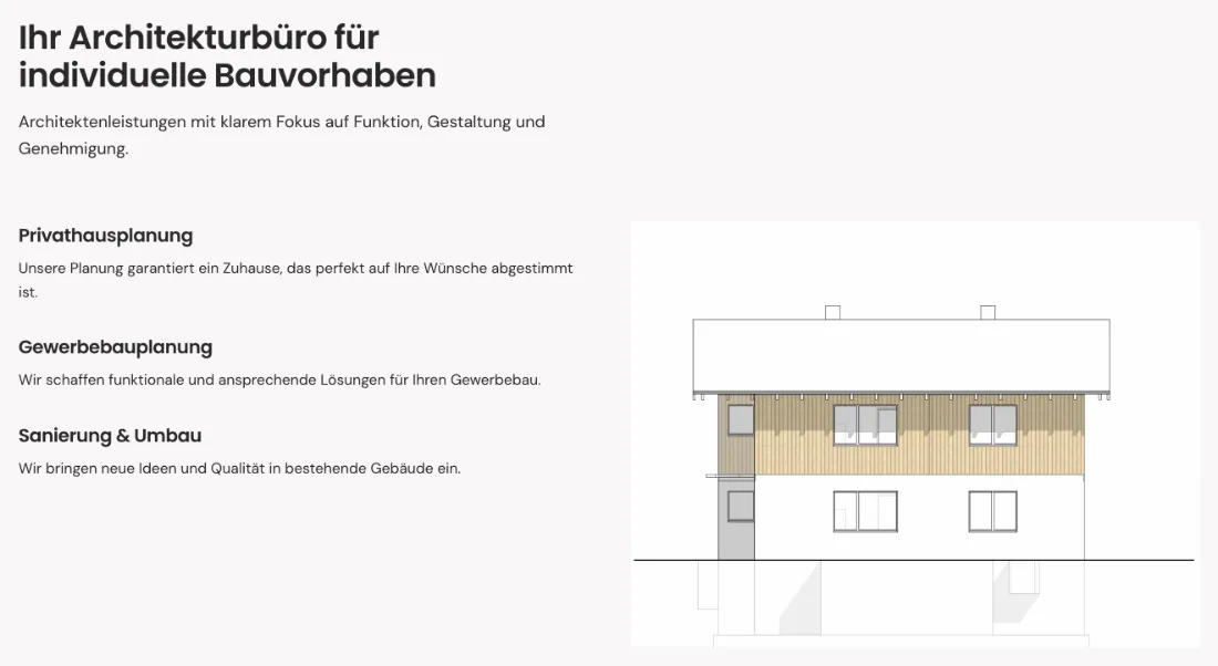 Ausschnitt der Website von ARDLER ARCHITEKTEN, Bremen: Drei Einsatzfelder mit kurzen Erklärungen neben einer Beispielansicht — der Besucher ordnet sein Vorhaben sofort ein.