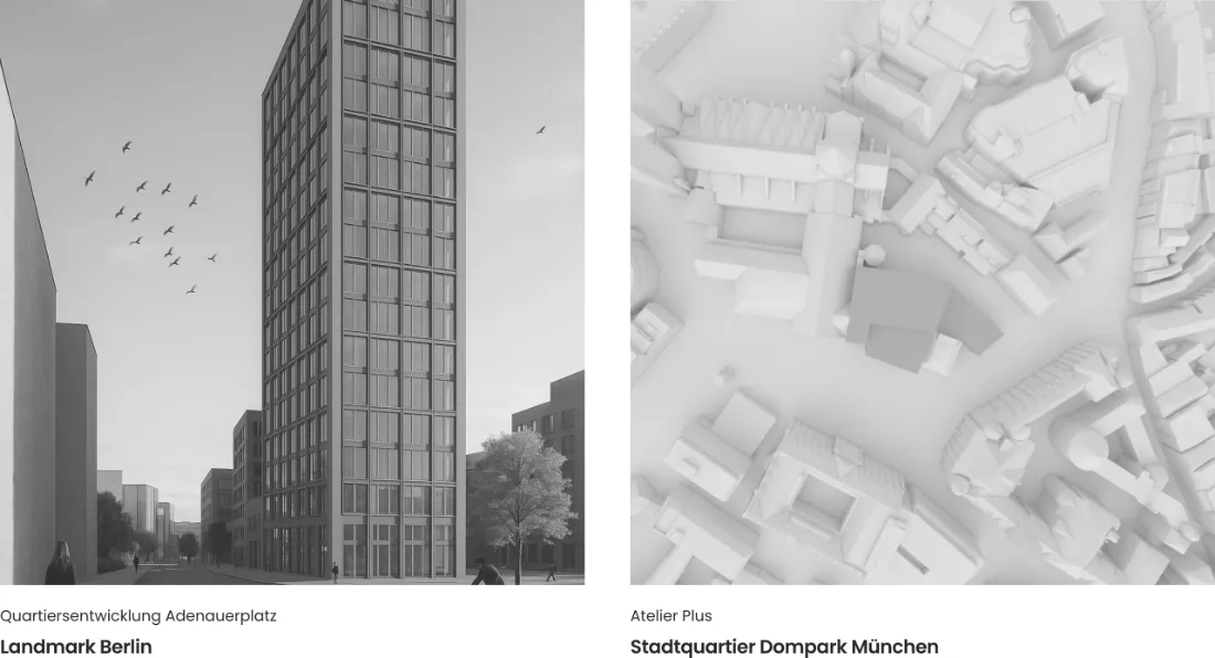 Ausschnitt der Website von ARDLER ARCHITEKTEN, Bremen: Zwei Referenzen mit Stadtangabe und Visualisierung/Modell — wer vergleicht, gewinnt Kontext zu Maßstab und Standort.