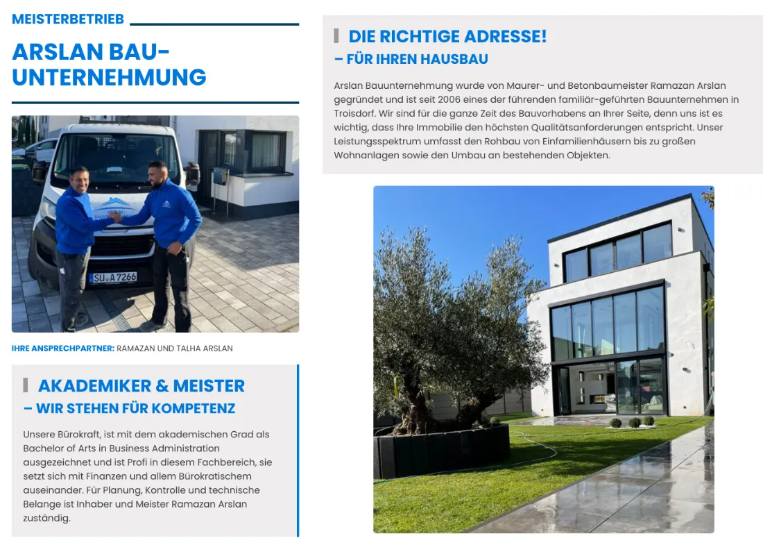 Ausschnitt der Website von Arslan Bauunternehmung, Rhein-Sieg-Kreis: Zwei namentlich genannte Ansprechpartner und das Jahr 2006 im Text — wer sucht, erkennt Zuständigkeit und Erfahrung sofort.