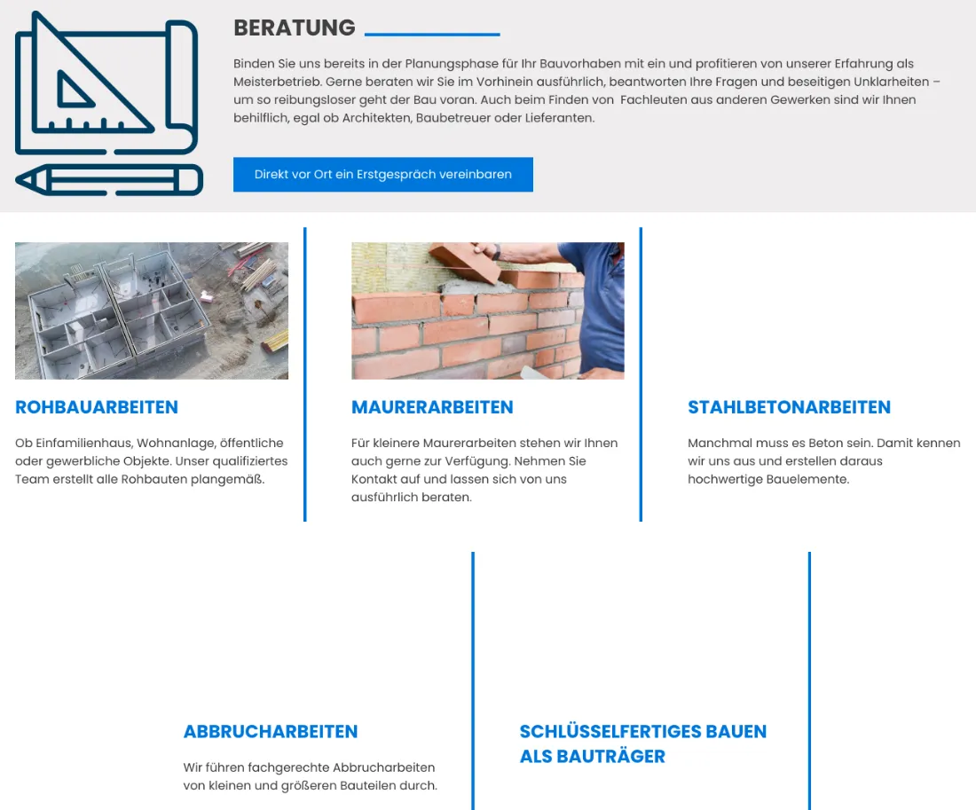 Ausschnitt der Website von Arslan Bauunternehmung, Rhein-Sieg-Kreis: Fünf klar benannte Leistungen plus Button fürs Erstgespräch vor Ort — der Besucher findet schnell Kontakt und Einstieg.