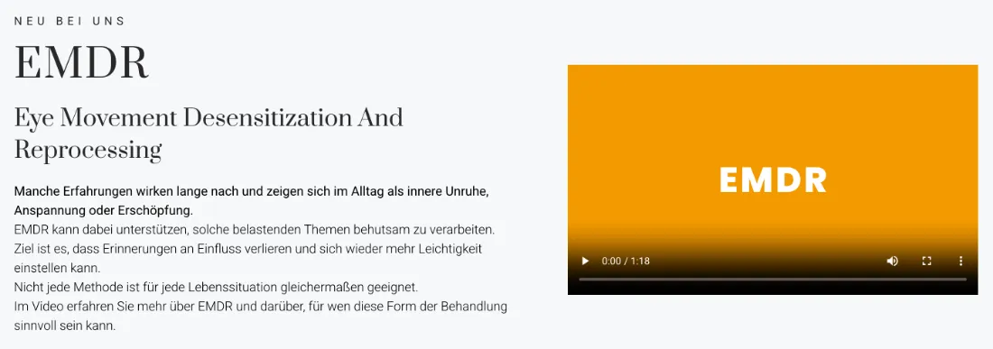 Ausschnitt der Website von Arztpraxis Steinhausen, Aachen: Begriff EMDR wird ausgeschrieben und per 1:18‑Video erklärt — wer sucht, versteht schnell, ob die Methode passt.